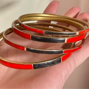 Vintage bohemian modernist Art Deco Red Black Brass Bangle Bracelet Set